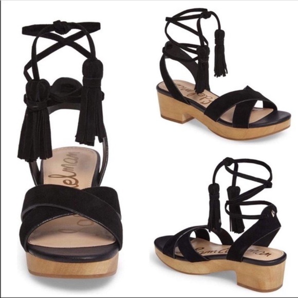 Genuine Leather Ankle Tassel Wrap Wooden Platform - Picture 8 of 9